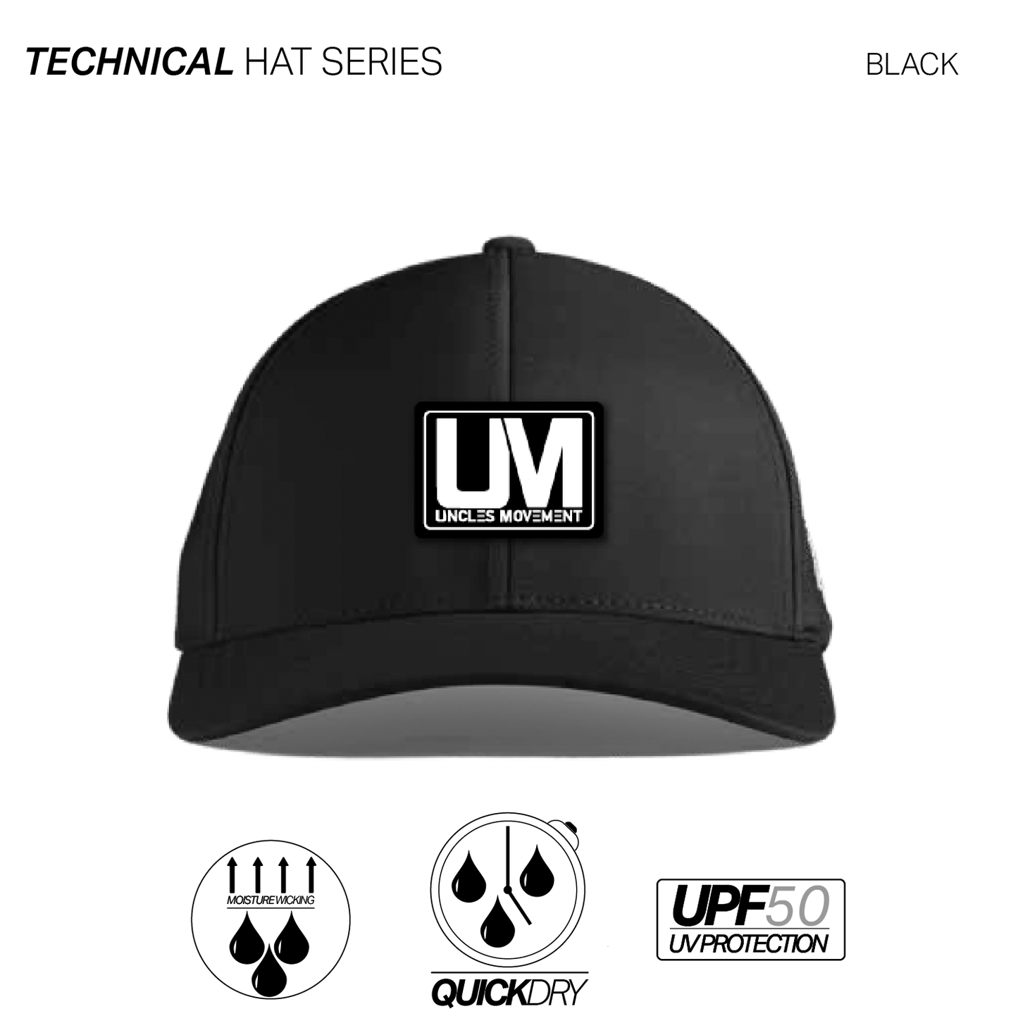 UM TWO STORY BRANDED BILLS CURVE BILL TECH HAT BLACK
